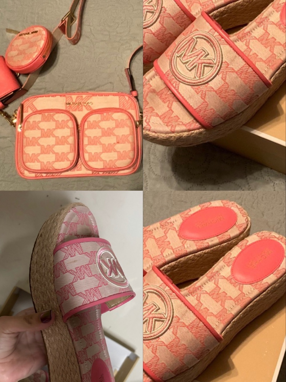 Michael Kors Pink Logo Espadrille Wedge Slides with Matching Crossbody Bag